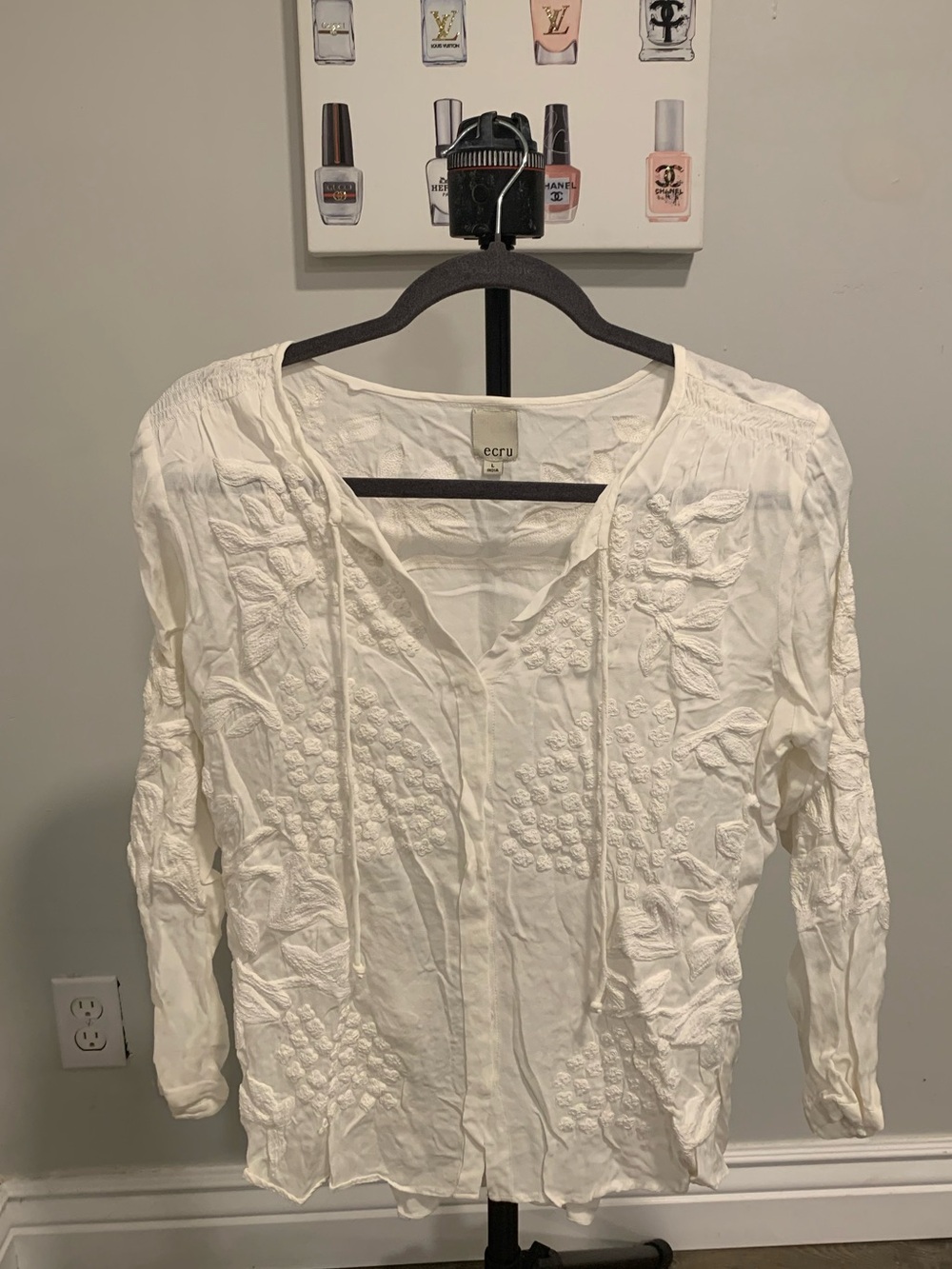 Ecru White Embroidered Peasant Blouse with Tie Neck - GB034